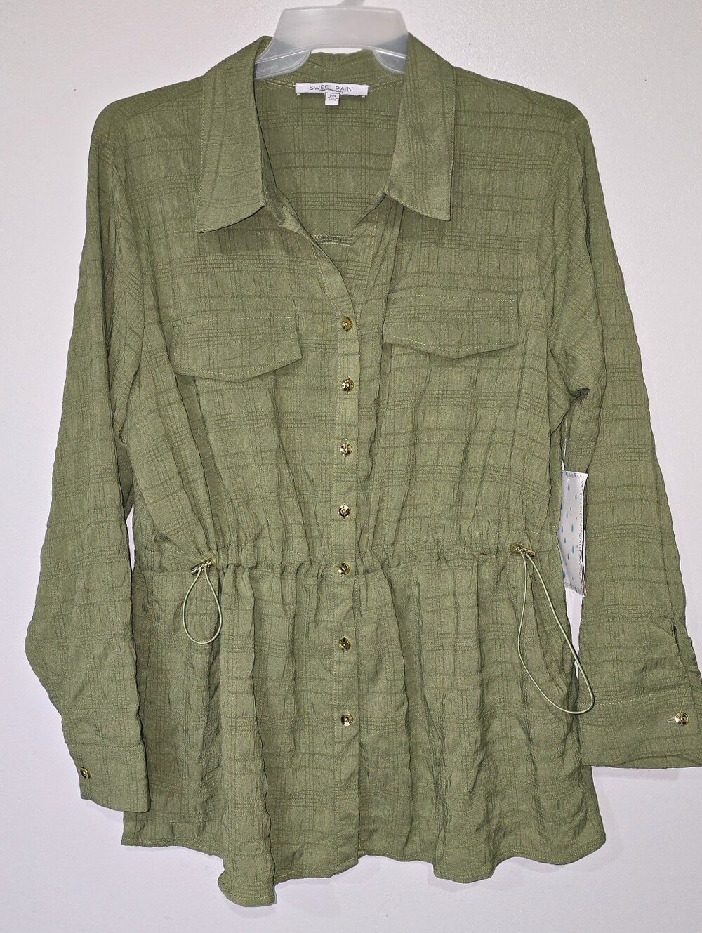 Sweet Rain Button Down Shirt Size 2XL Olive Green With Gold Buttons